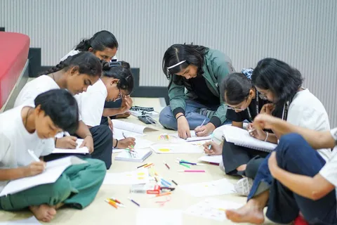 Students drawing and writing